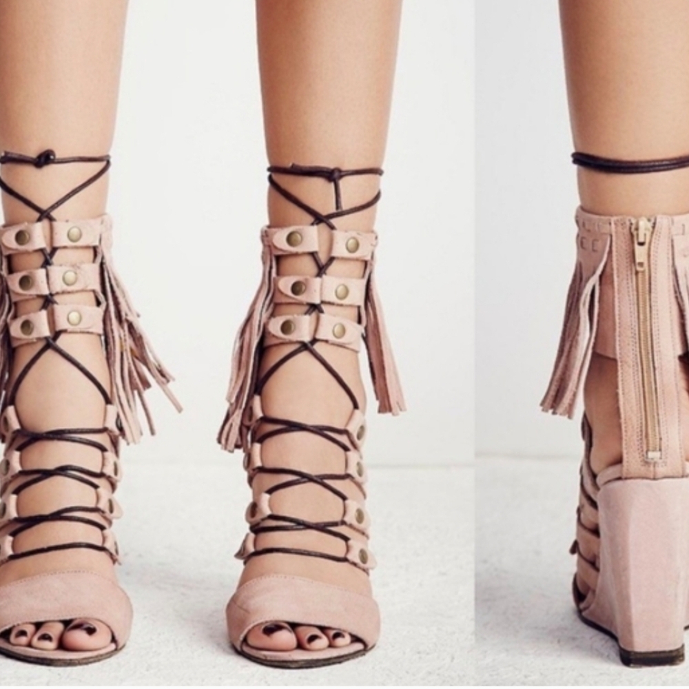 Free People Womens Solstice Nude Suede Fringe Wedge Sandals Size EU 37 US 7 - Picture 2 of 12